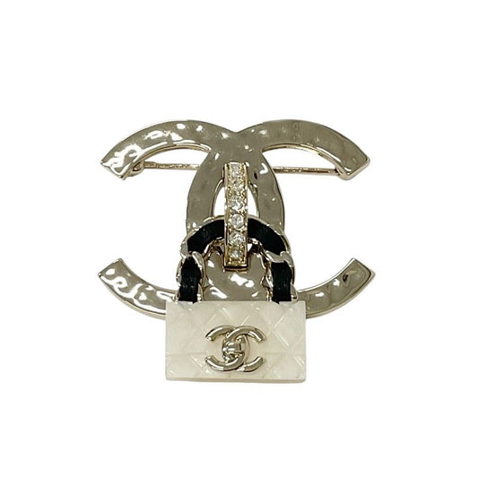 Chanel Brooch Corsage Gold White Black Coco Mark Matelasse Rhinestone
