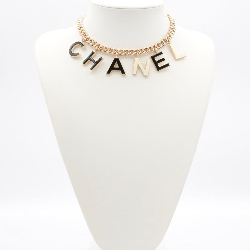 Chanel Necklace Pendant Choker Gold Black White Here Mark Logo