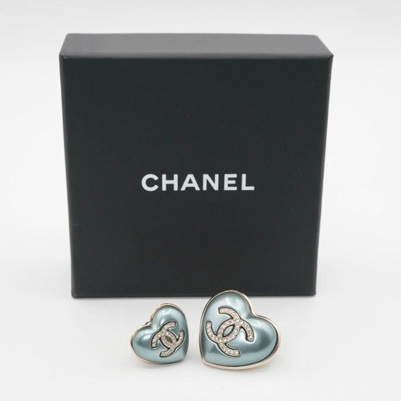 Chanel Brooch Corsage Blue Gold Pin Brooch Coco Mark Heart Rhinestone Set Of 2