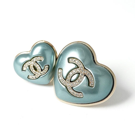 Chanel Brooch Corsage Blue Gold Pin Brooch Coco Mark Heart Rhinestone Set Of 2