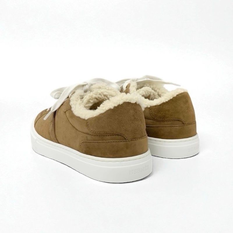 Hermes Day Sneakers Shoes Suede Mouton Brown Silver Kelly Hardware