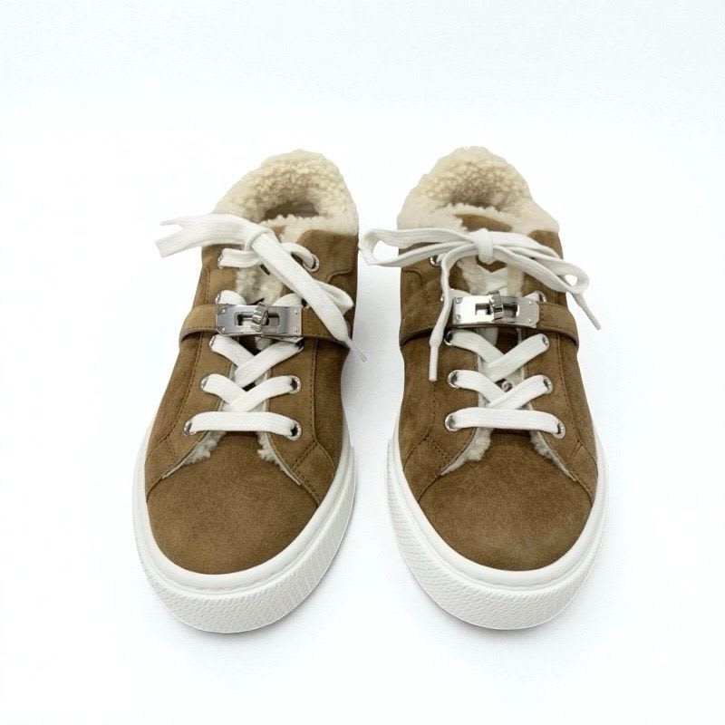 Hermes Day Sneakers Shoes Suede Mouton Brown Silver Kelly Hardware