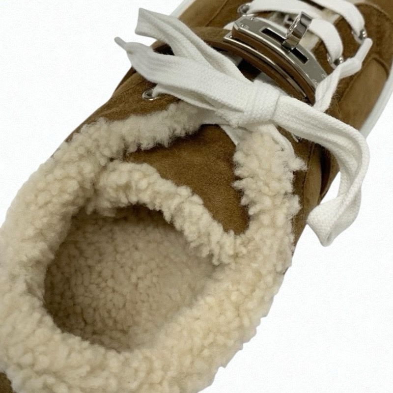Hermes Day Sneakers Shoes Suede Mouton Brown Silver Kelly Hardware