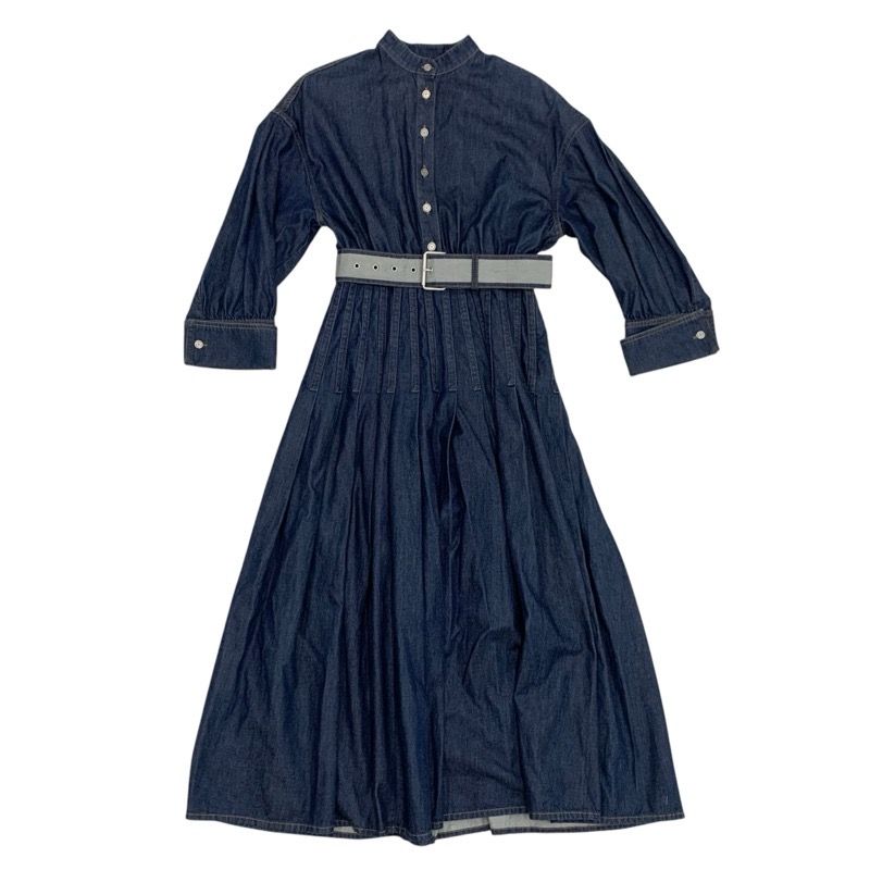 Christian DIOR Dress Cotton Blue Silver Denim Short Sleeve Logo Belt Fleece Long