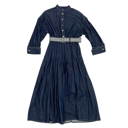 Christian DIOR Dress Cotton Blue Silver Denim Short Sleeve Logo Belt Fleece Long