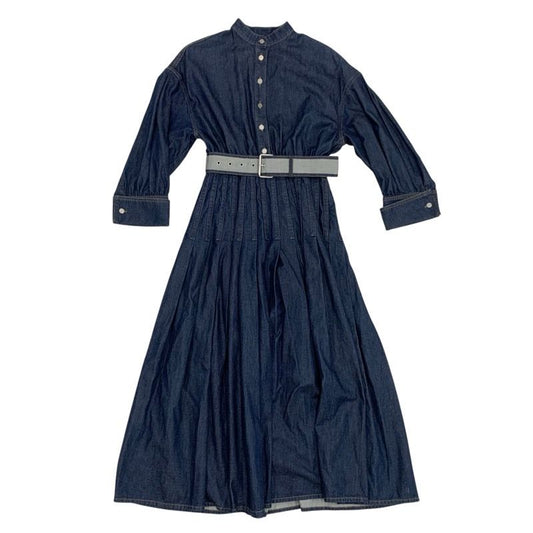 Christian DIOR Dress Cotton Blue Silver Denim Short Sleeve Logo Belt Fleece Long