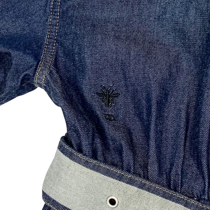Christian DIOR Dress Cotton Blue Silver Denim Short Sleeve Logo Belt Fleece Long
