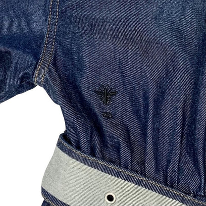 Christian DIOR Dress Cotton Blue Silver Denim Short Sleeve Logo Belt Fleece Long