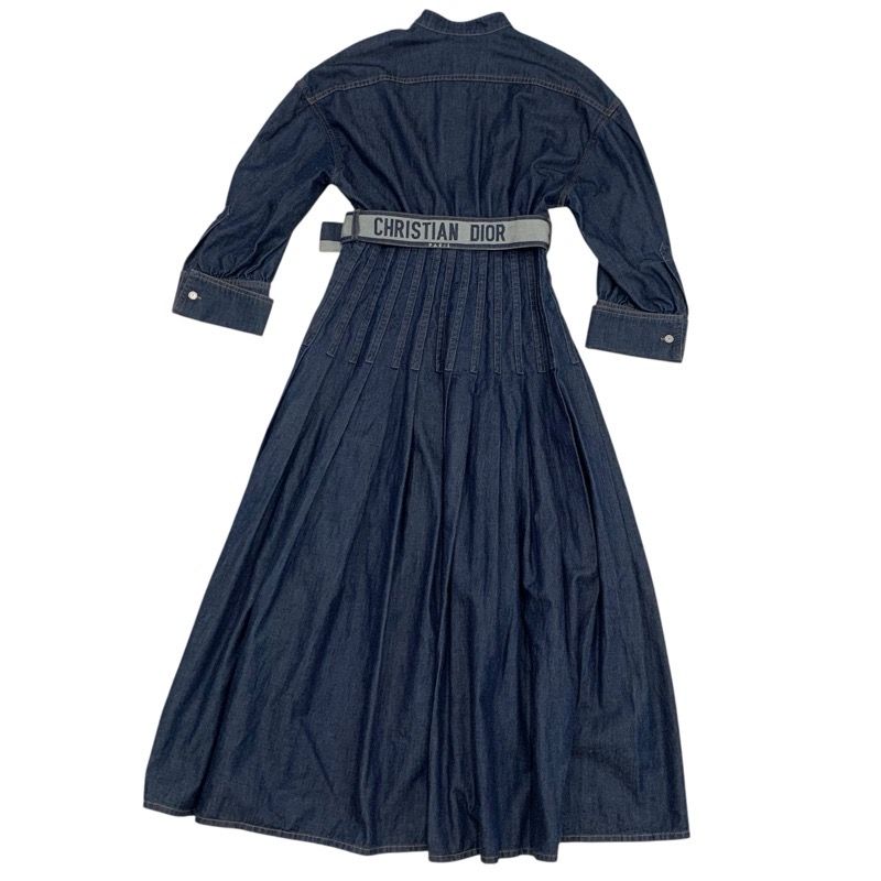 Christian DIOR Dress Cotton Blue Silver Denim Short Sleeve Logo Belt Fleece Long