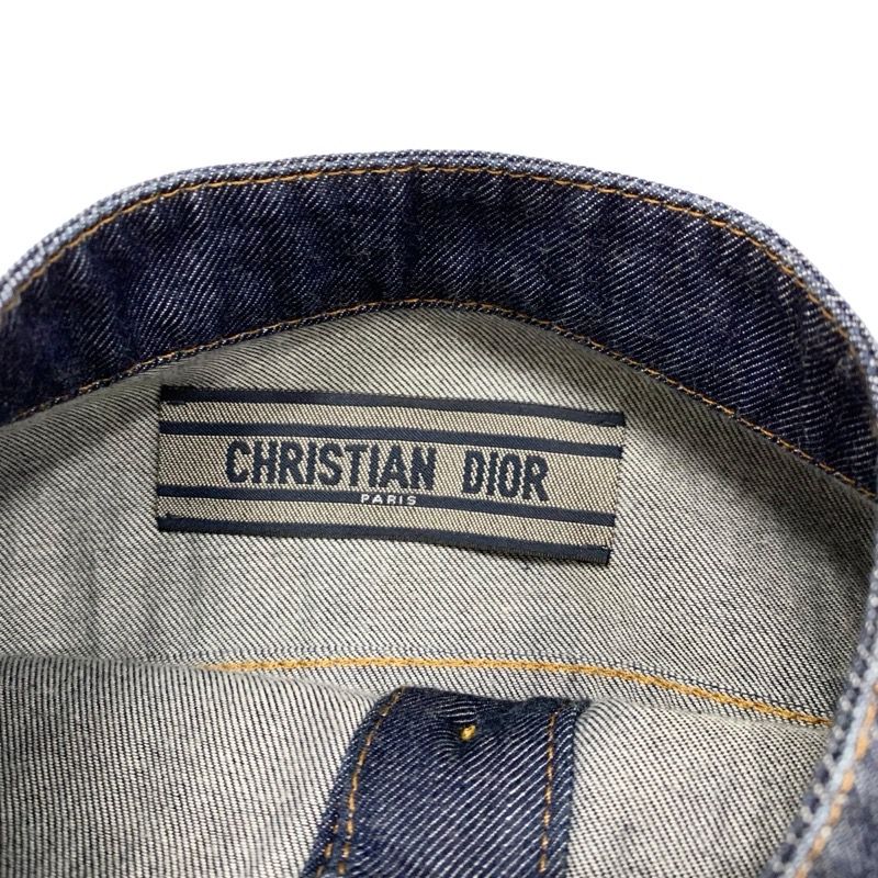 Christian DIOR Dress Cotton Blue Silver Denim Short Sleeve Logo Belt Fleece Long