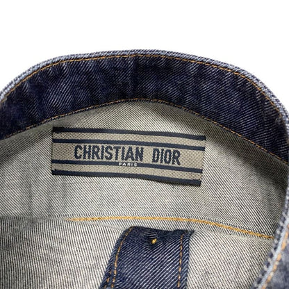 Christian DIOR Dress Cotton Blue Silver Denim Short Sleeve Logo Belt Fleece Long