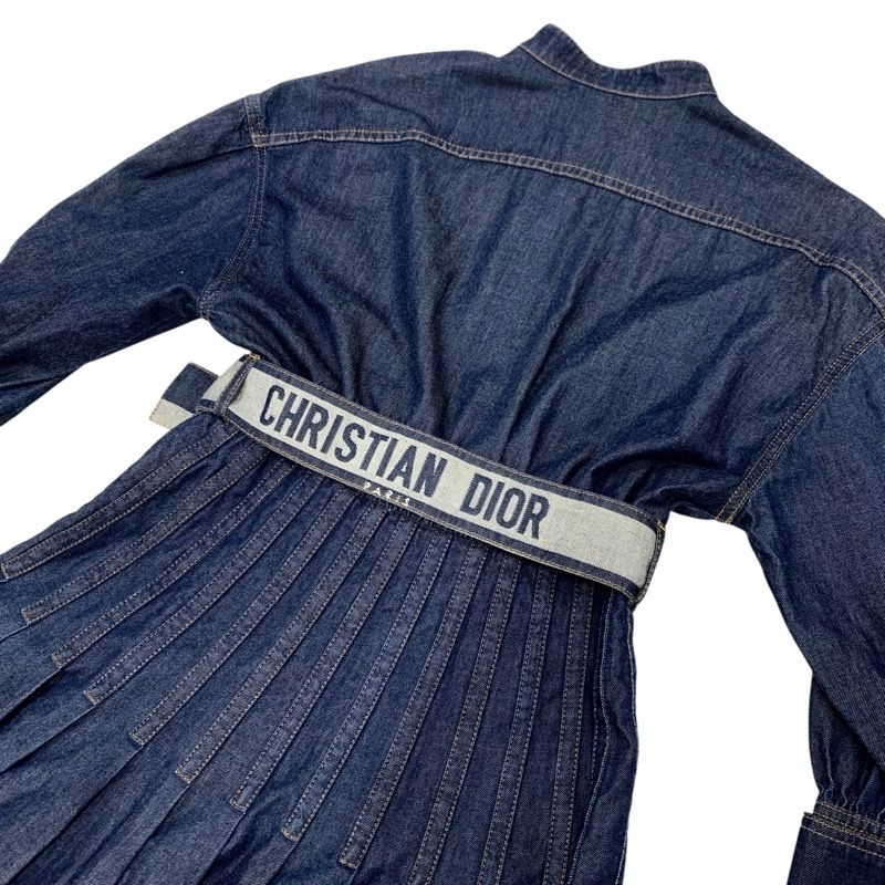 Christian DIOR Dress Cotton Blue Silver Denim Short Sleeve Logo Belt Fleece Long