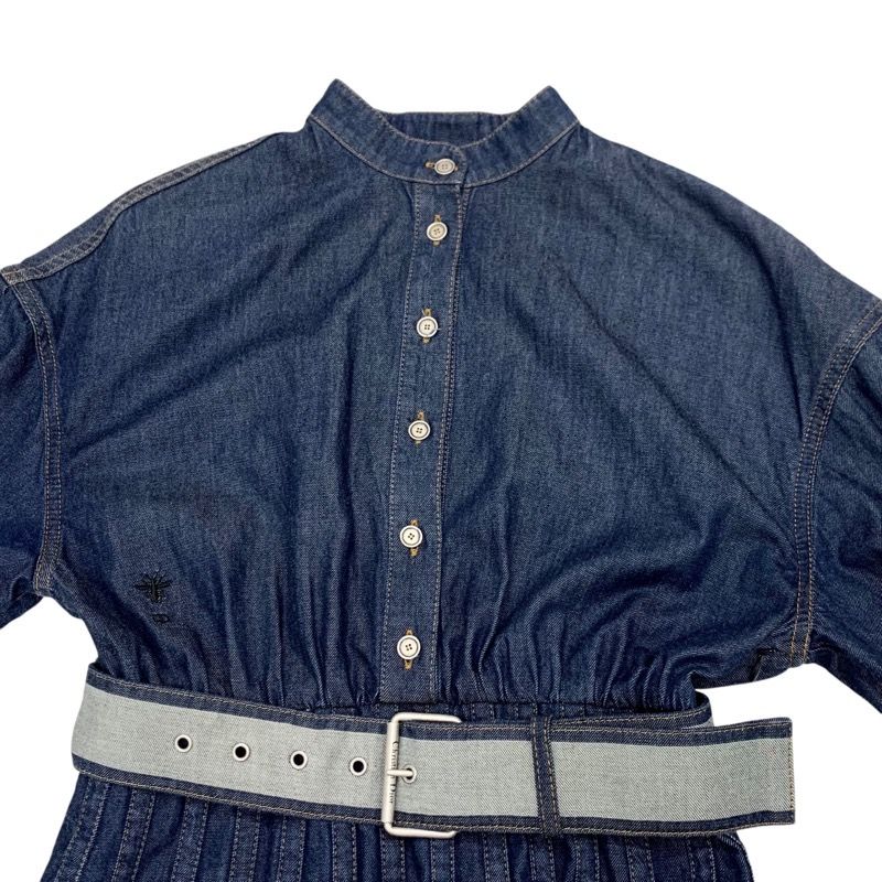 Christian DIOR Dress Cotton Blue Silver Denim Short Sleeve Logo Belt Fleece Long