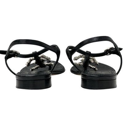 Chanel Sandals Shoes Leather Black Silver Coco Mark Star Pearl Strap Thong