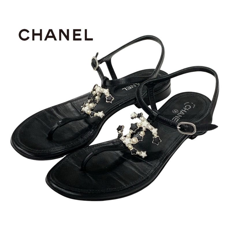 Chanel Sandals Shoes Leather Black Silver Coco Mark Star Pearl Strap Thong