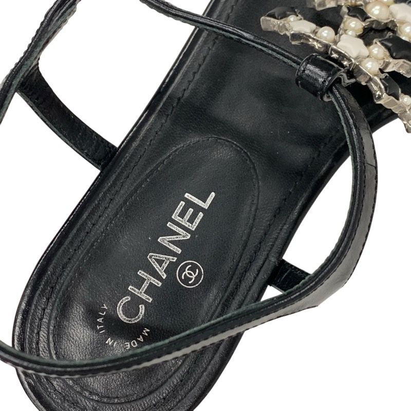 Chanel Sandals Shoes Leather Black Silver Coco Mark Star Pearl Strap Thong