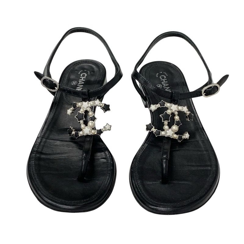 Chanel Sandals Shoes Leather Black Silver Coco Mark Star Pearl Strap Thong