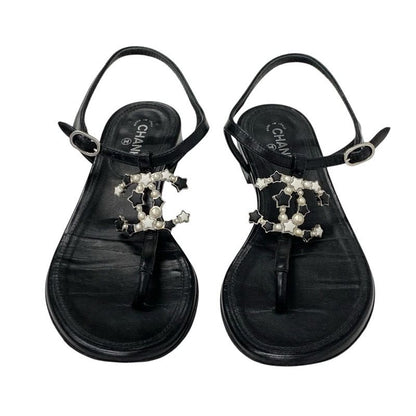 Chanel Sandals Shoes Leather Black Silver Coco Mark Star Pearl Strap Thong