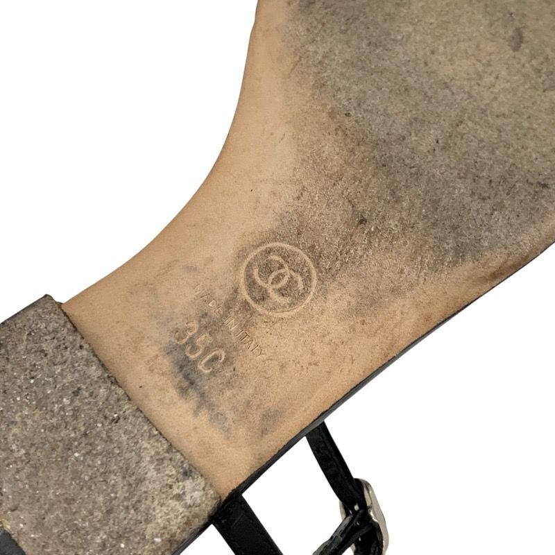Chanel Sandals Shoes Leather Black Silver Coco Mark Star Pearl Strap Thong