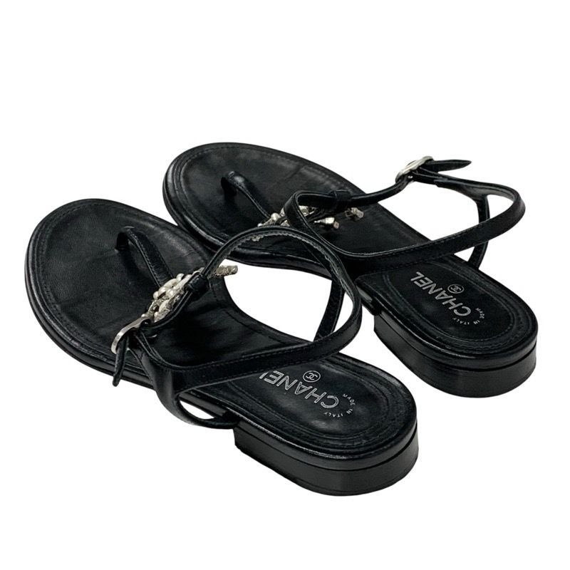 Chanel Sandals Shoes Leather Black Silver Coco Mark Star Pearl Strap Thong