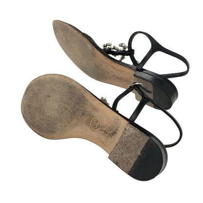 Chanel Sandals Shoes Leather Black Silver Coco Mark Star Pearl Strap Thong