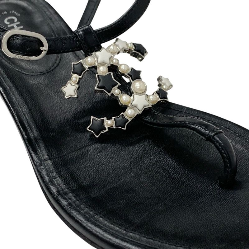 Chanel Sandals Shoes Leather Black Silver Coco Mark Star Pearl Strap Thong