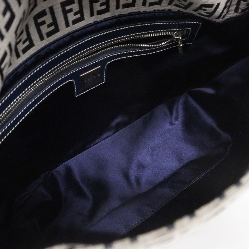 Fendi Handbag Zucchino Mamma Bucket Nylon Canvas Navy Silver Hardware Women