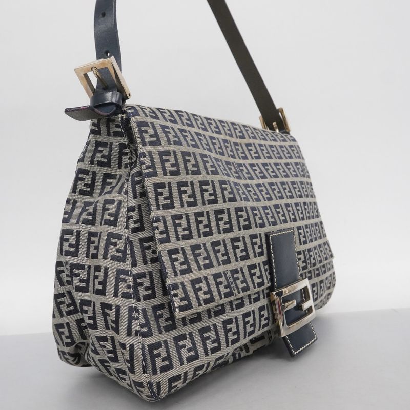 Fendi Handbag Zucchino Mamma Bucket Nylon Canvas Navy Silver Hardware Women