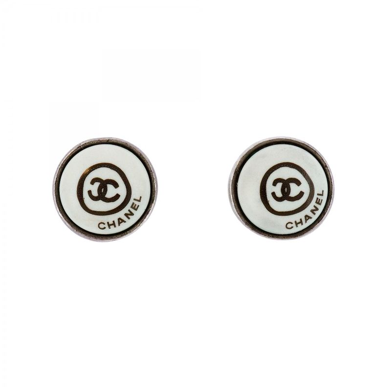 Chanel Earrings Coco Mark Chanel Logo Round Shape Circle Metal Silver White