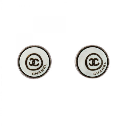 Chanel Earrings Coco Mark Chanel Logo Round Shape Circle Metal Silver White