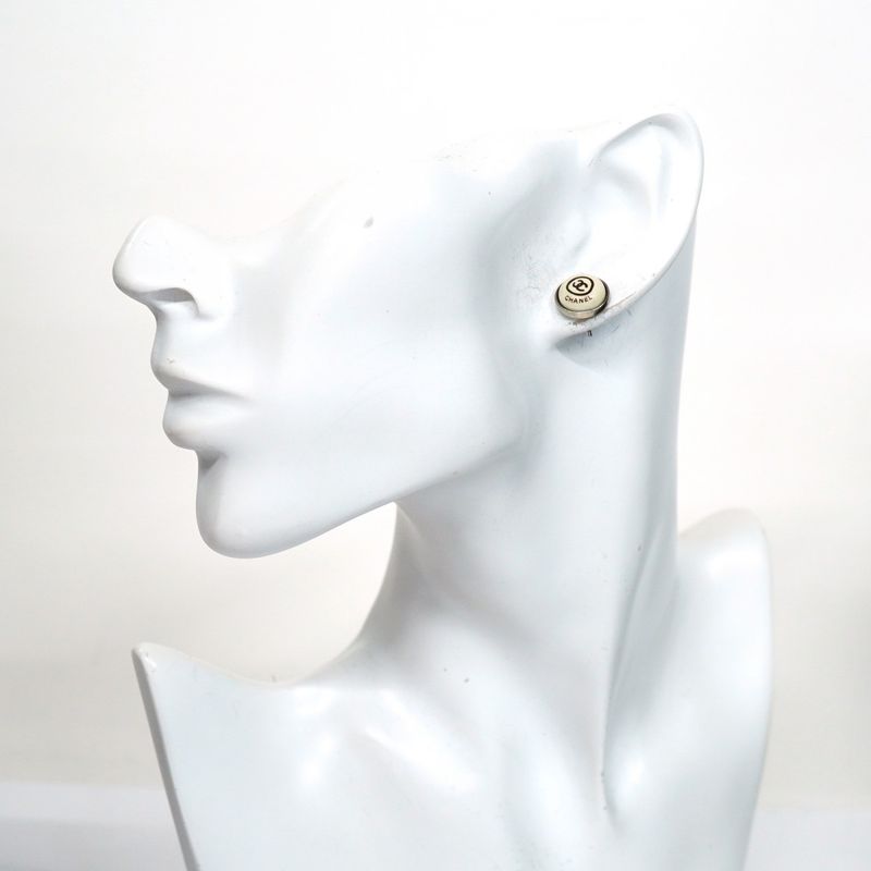 Chanel Earrings Coco Mark Chanel Logo Round Shape Circle Metal Silver White