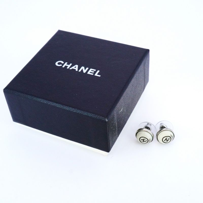 Chanel Earrings Coco Mark Chanel Logo Round Shape Circle Metal Silver White