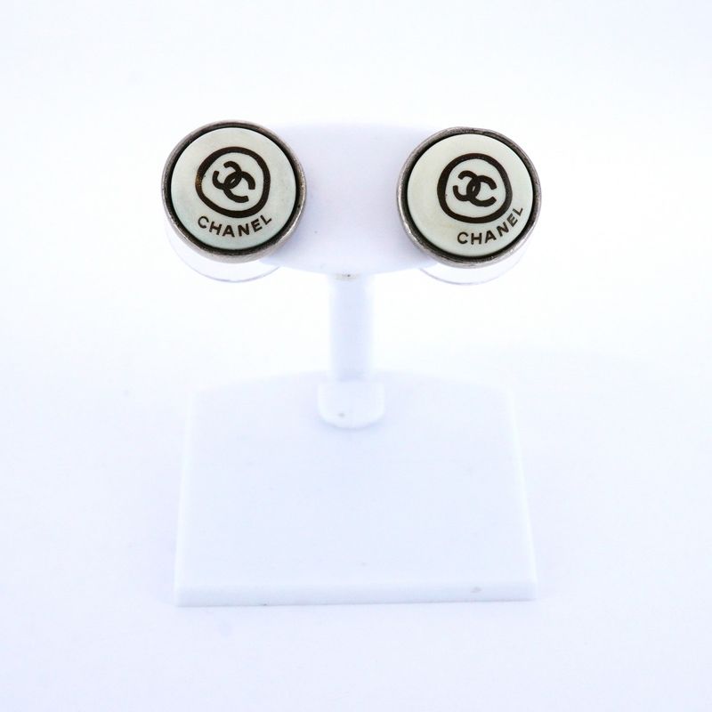 Chanel Earrings Coco Mark Chanel Logo Round Shape Circle Metal Silver White