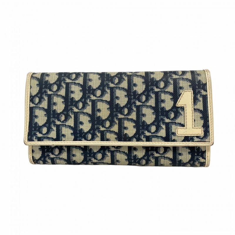 Christian Dior Long Wallet Trotter PVC Navy White Silver Hardware Women