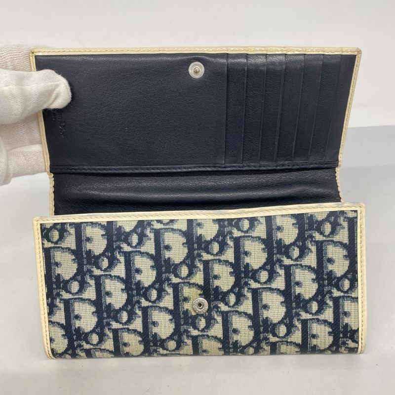Christian Dior Long Wallet Trotter PVC Navy White Silver Hardware Women