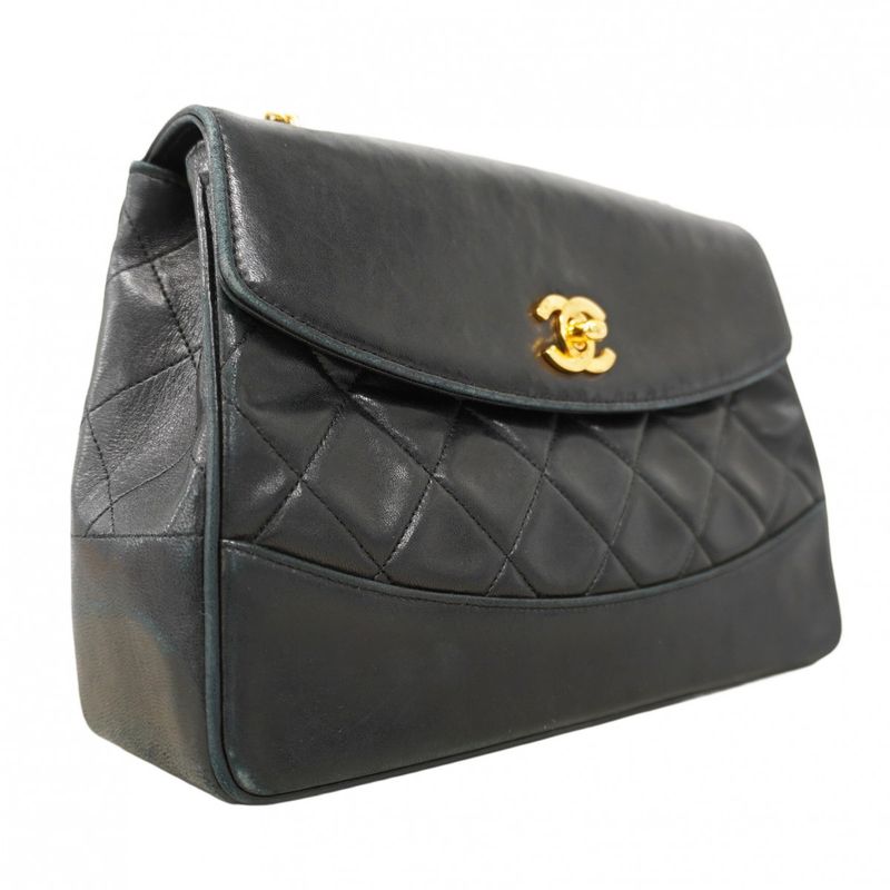 Chanel Shoulder Bag Matelasse Lambskin Black Gold Hardware Women