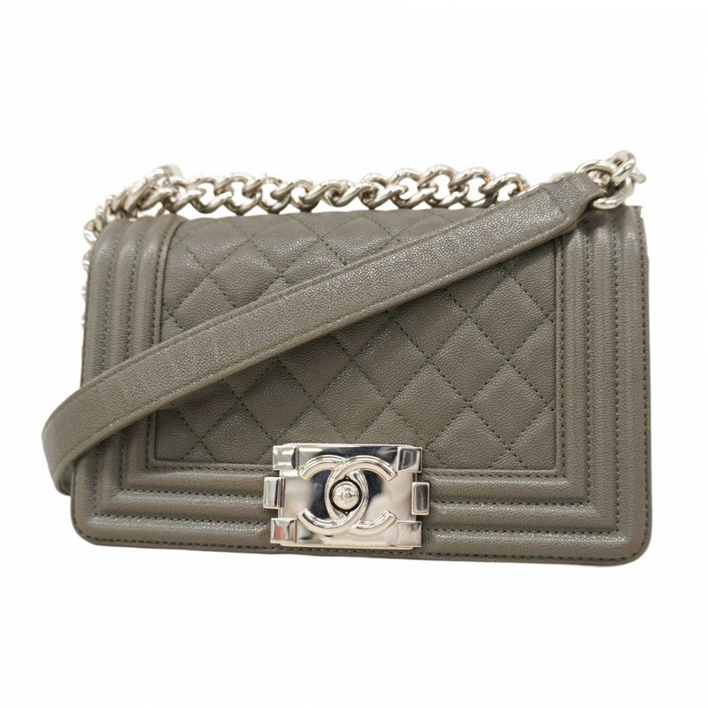 Chanel Shoulder Bag Boy Chanel Caviar Skin Gray Silver Hardware Women