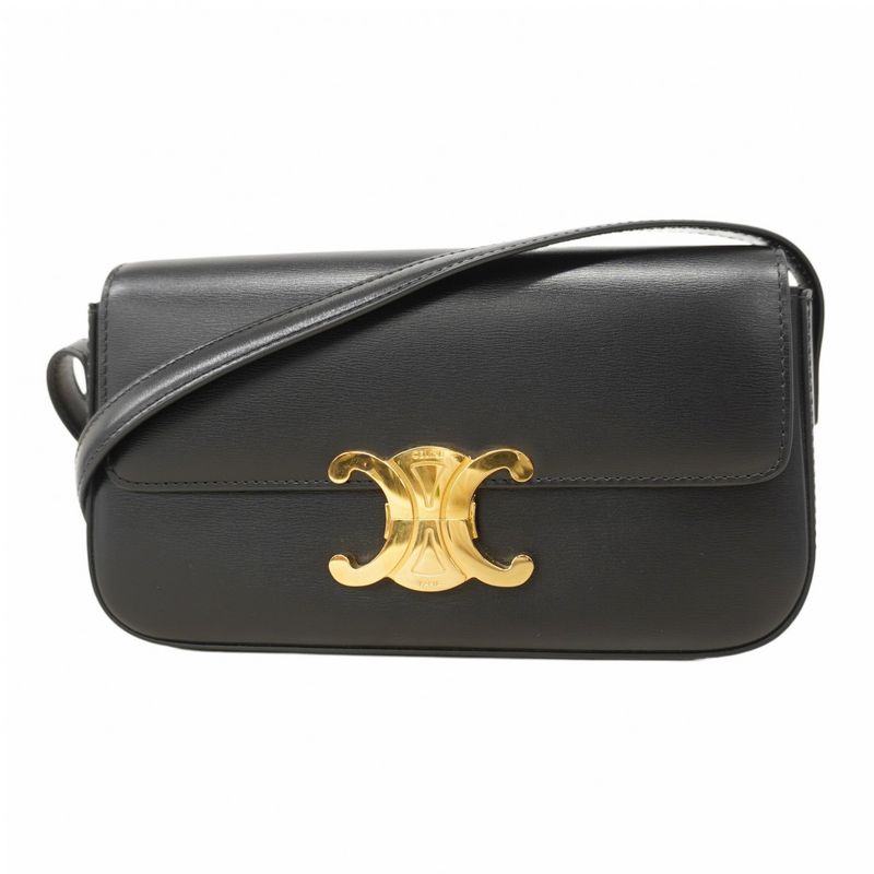 Celine Shoulder Bag Triomphe Leather Black Gold Hardware Women