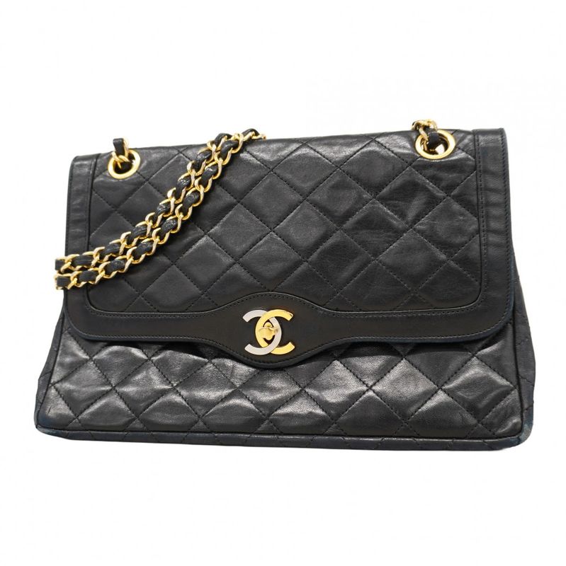 Chanel Shoulder Bag Matelasse Paris Limited Edition Lambskin Black Gold Silver