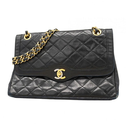 Chanel Shoulder Bag Matelasse Paris Limited Edition Lambskin Black Gold Silver