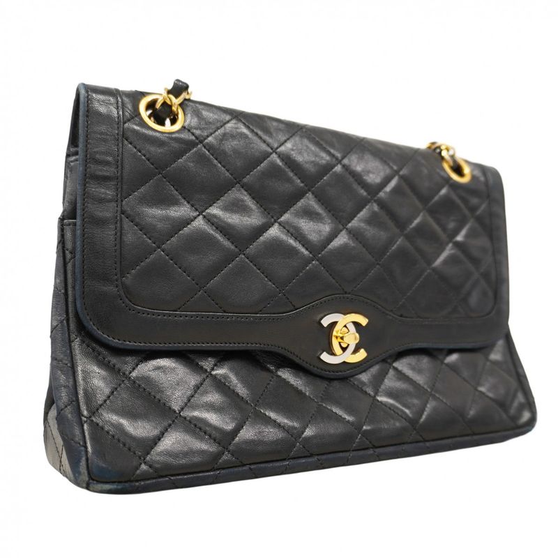 Chanel Shoulder Bag Matelasse Paris Limited Edition Lambskin Black Gold Silver