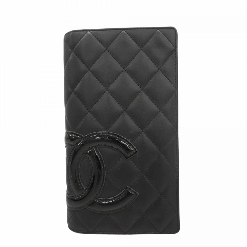 Chanel Long Wallet Cambon Lambskin Black Silver Hardware Women