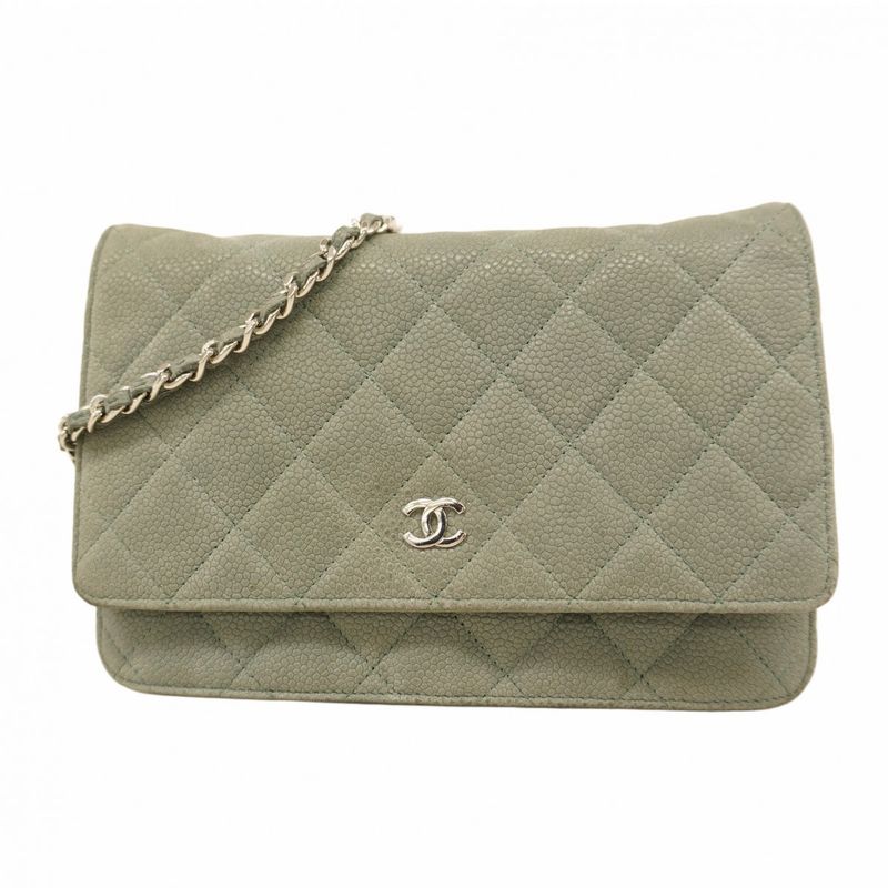 Chanel Shoulder Wallet Matelasse Caviar Skin Grey Green Silver Hardware Women
