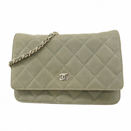Chanel Shoulder Wallet Matelasse Caviar Skin Grey Green Silver Hardware Women