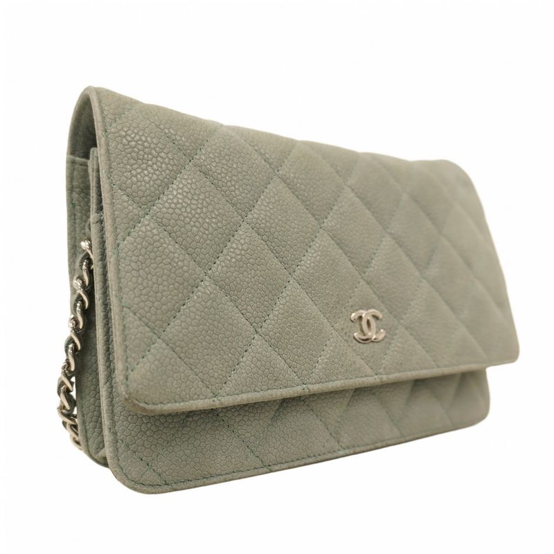 Chanel Shoulder Wallet Matelasse Caviar Skin Grey Green Silver Hardware Women
