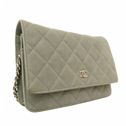 Chanel Shoulder Wallet Matelasse Caviar Skin Grey Green Silver Hardware Women