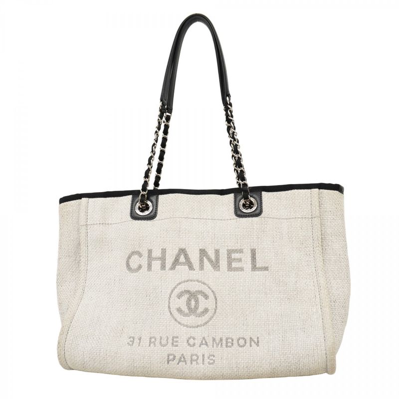 Chanel Tote Bag Deauville Raffia Gray Black Silver Hardware Women's