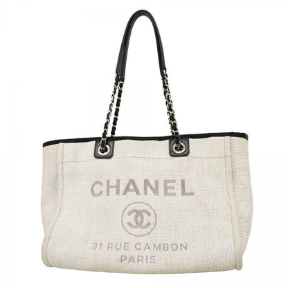 Chanel Tote Bag Deauville Raffia Gray Black Silver Hardware Women's