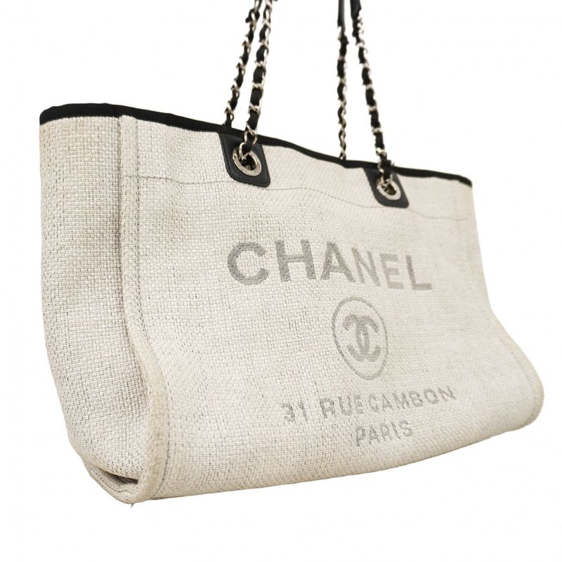 Chanel Tote Bag Deauville Raffia Gray Black Silver Hardware Women's