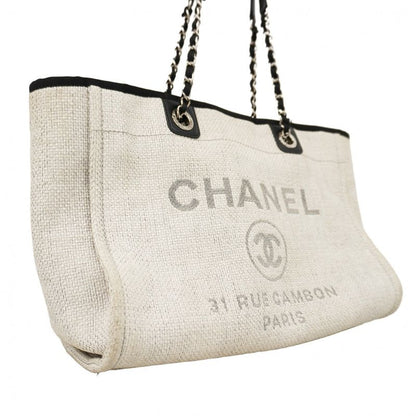 Chanel Tote Bag Deauville Raffia Gray Black Silver Hardware Women's